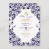 Light Purple Quinceañera 15 Anos Floral Gold Crown 招待状 (正面/裏面)