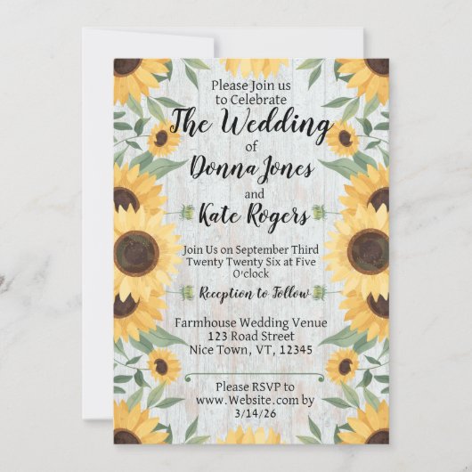 Light Rustic Sunflower Wedding Invitation 招待状 (正面)