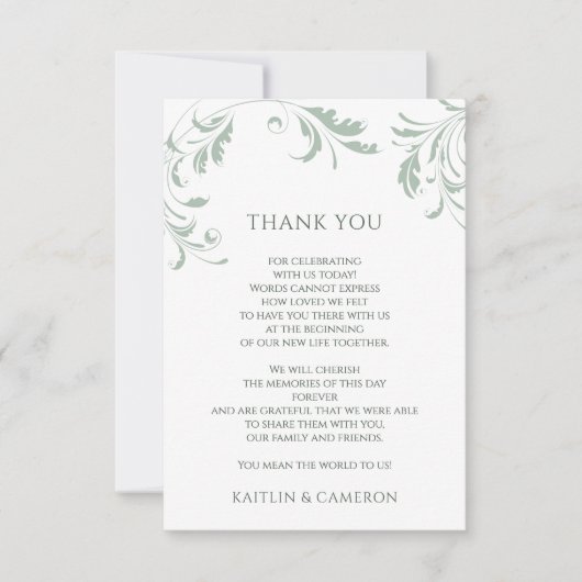 Light Sage Greenの結婚ヴィンテージエレガント渦 サンキューカード (正面)