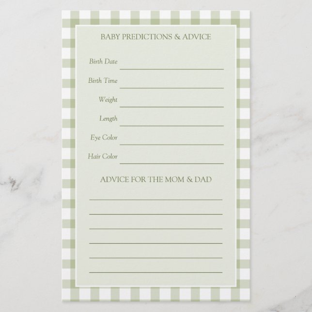 Light Sage Green Gingham Baby Shower Guessing Game (正面)