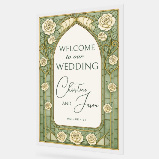 Light Sage Stained Glass Floral Wedding Welcome  アクリルサイン (傾斜)