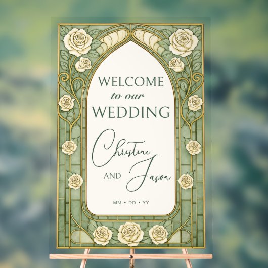 Light Sage Stained Glass Floral Wedding Welcome アクリルサイン (ニュートラル)