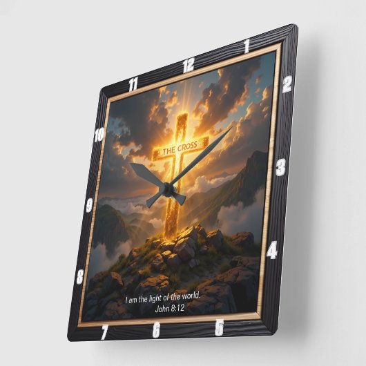Light Salvation Cross Mountain Golden John 8:12 スクエア壁時計 (傾斜)