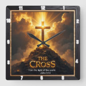 Light Salvation Cross Mountain Wooden World John 8 スクエア壁時計 (正面)