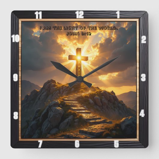 Light Salvation Cross Stairway Mountain John 8:12 スクエア壁時計 (正面)