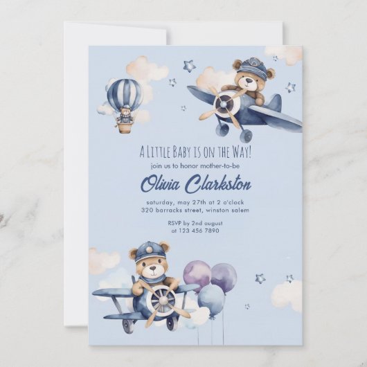 Light Soft Blue Teddy Bear Aircraft Baby Shower  招待状 (正面)