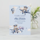 Light Soft Blue Teddy Bear Aircraft Baby Shower  招待状 (スタンド正面)