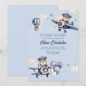 Light Soft Blue Teddy Bear Aircraft Baby Shower  招待状 (正面/裏面)