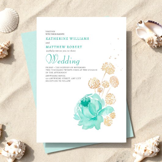 Light Teal & beige Summer Beach Wedding 招待状