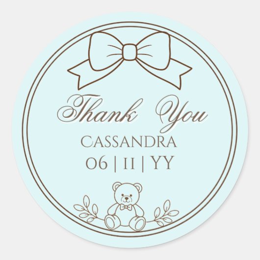 Light teal Personalized Teddy Bear Bow ラウンドシール (正面)