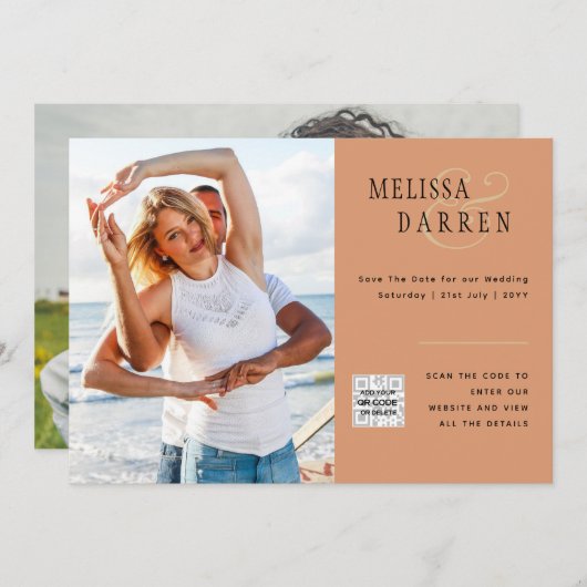 Light Terracotta写真結婚の日救付QRコード 招待状 (正面/裏面)