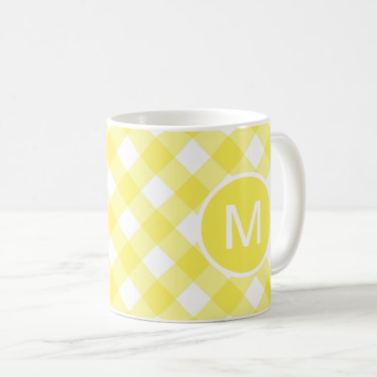 Light Yellow Classic Gingham Pattern Monogram コーヒーマグカップ (正面右)