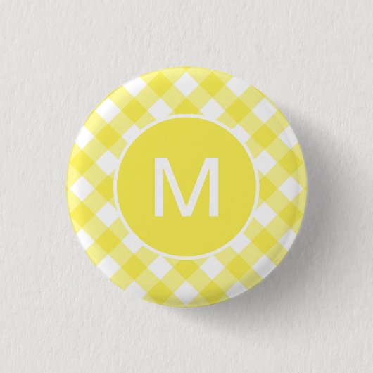 Light Yellow Classic Gingham Pattern Monogram 缶バッジ (正面)