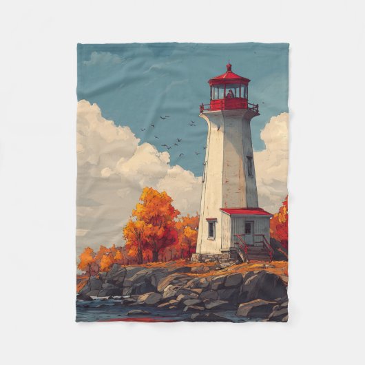 Lighthouse in Autumn Fall フリースブランケット (正面)