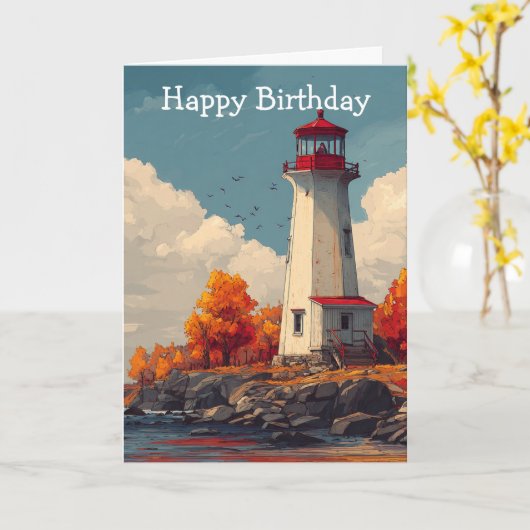 Lighthouse in Autumn Fall Birthday Card カード (黄色い花)
