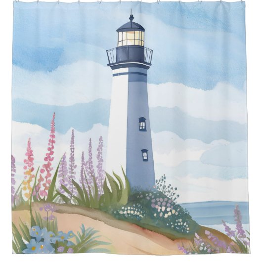 Lighthouse in Bloom | Coastal Watercolor Floral シャワーカーテン (正面)