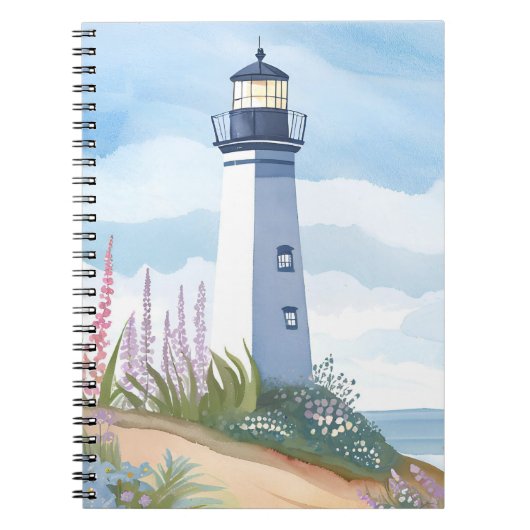 Lighthouse in Bloom | Coastal Watercolor Floral ノートブック (正面)