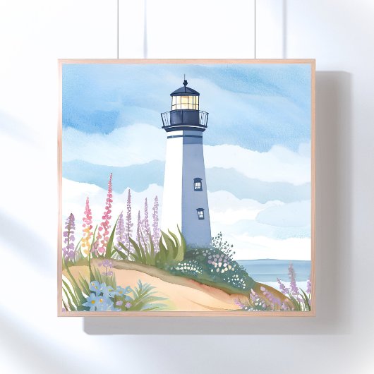 Lighthouse in Bloom | Coastal Watercolor Floral ポスター