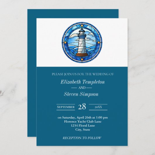 Lighthouse Nautical Wedding Maritime Modern  招待状 (正面/裏面)
