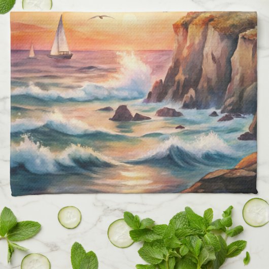 Lighthouse on a Cliff キッチンタオル (折り畳み)