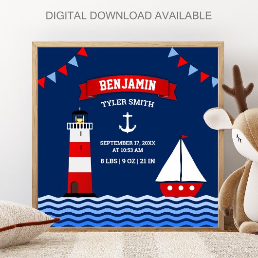 Lighthouse Sailboat Nautical Baby Boy Birth Stats ポスター