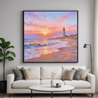 Lighthouse Shore Sunset - Pastel Painting Style ポスター
