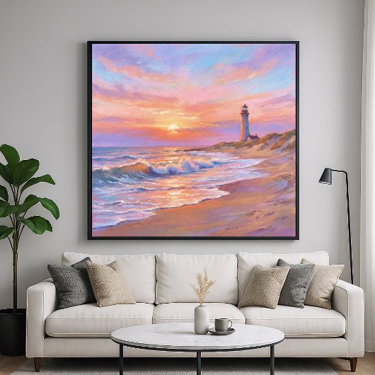 Lighthouse Shore Sunset - Pastel Painting Style ポスター