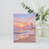 Lighthouse Shore Sunset - Pastel Painting Style ポストカード (スタンド正面)
