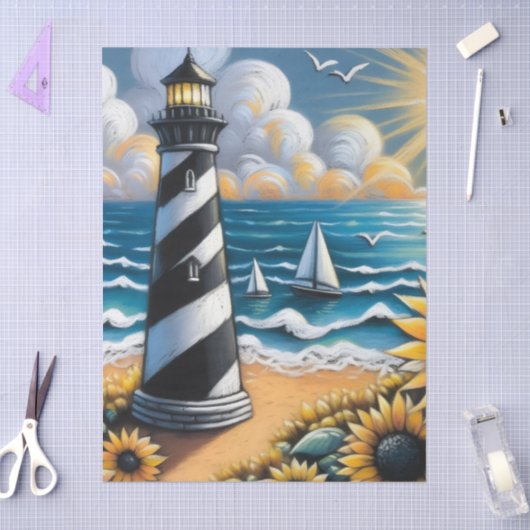 Lighthouse Sunflowers Nautical Decoupage  薄葉紙 (クラフト)