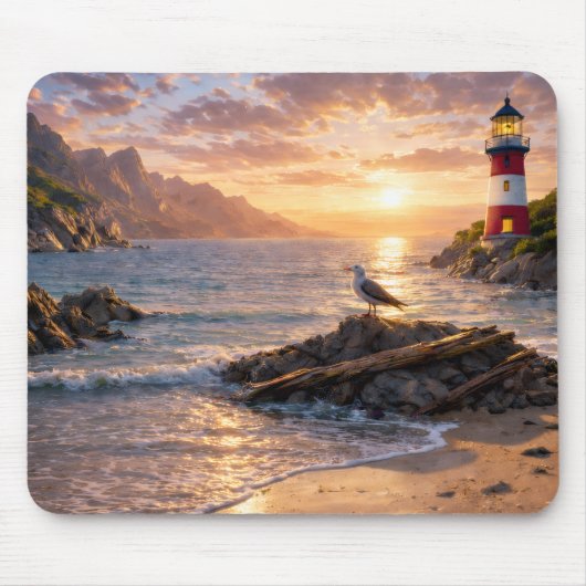 Lighthouse Sunset Seagull Beach Mouse Pad マウスパッド (正面)