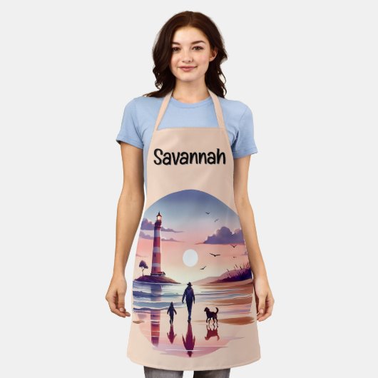 Lighthouse Sunset Walk Coastal Scene エプロン (着用した状態)