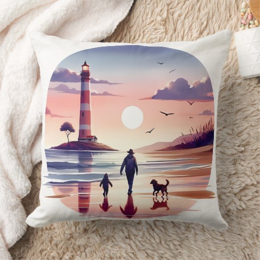 Lighthouse Sunset Walk Coastal Scene クッション (ブランケット)