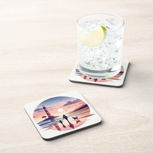 Lighthouse Sunset Walk Coastal Scene コースター (右側)