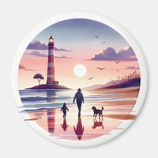 Lighthouse Sunset Walk Coastal Scene マグネット (正面)
