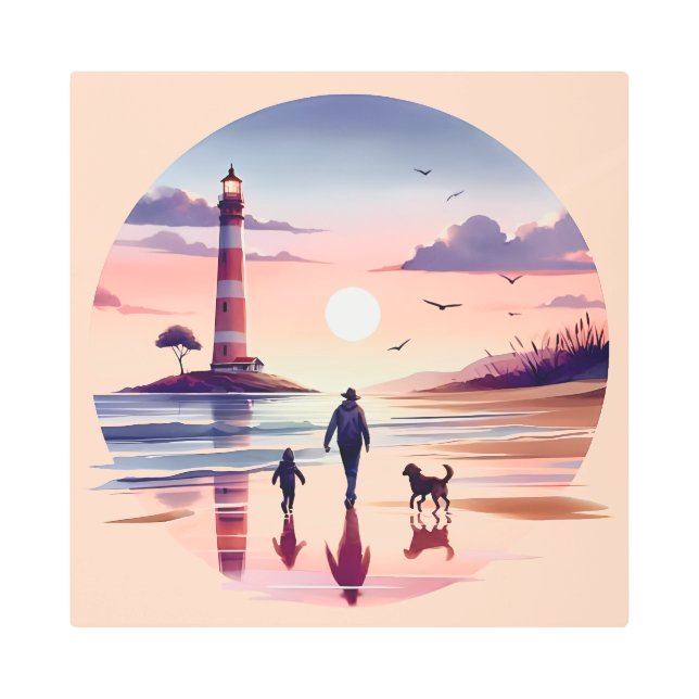 Lighthouse Sunset Walk Coastal Scene メタルプリント (正面)