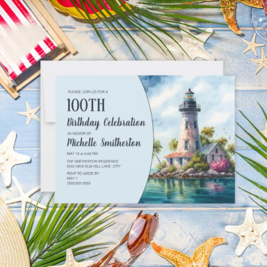 Lighthouse Tropical Beach Ocean Palm Trees 100th 招待状