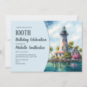 Lighthouse Tropical Beach Ocean Palm Trees 100th 招待状 (正面)