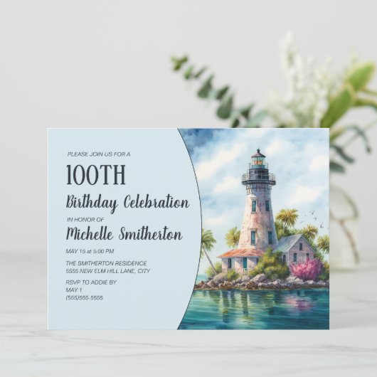 Lighthouse Tropical Beach Ocean Palm Trees 100th 招待状 (スタンド正面)