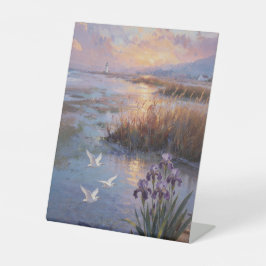 Lighthouse Wetland Irises Oil Painting | Sunset Eg 台座サイン