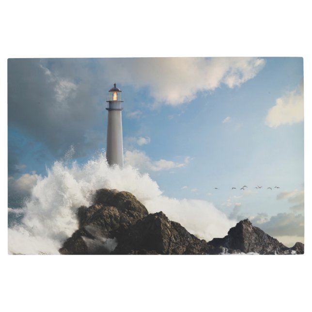 Lighthouses | Lighthouse With Crashing Waves メタルプリント (正面)