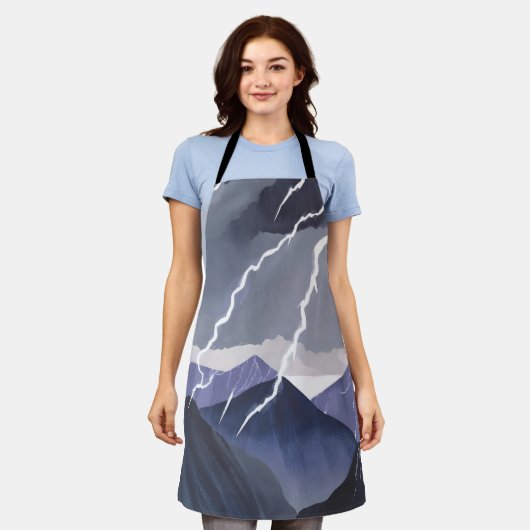Lightning Storm | Watercolor Dark Mountains エプロン (着用した状態)