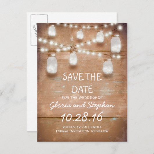 lights & mason jars rustic SAVE THE DATEはがき 案内ポストカード (正面/裏面)