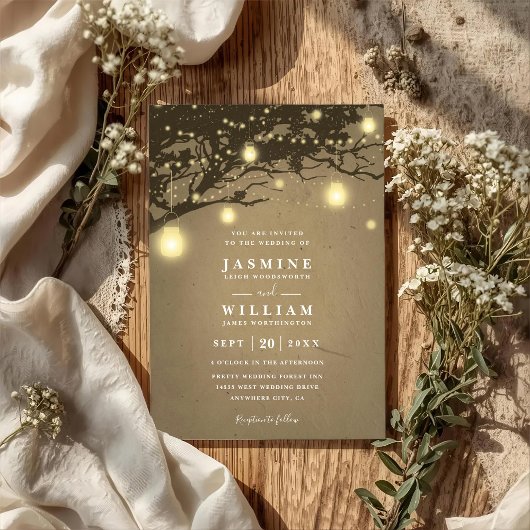 Lights on oak tree Rustic Elegant QR Code Wedding 招待状
