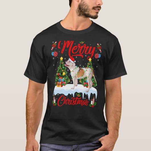 Lights Xmas Tree Santa American Bulldog Christmas  Tシャツ (正面)