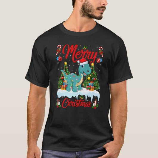 Lights Xmas Tree Santa Brontosaurus Dinosaur Chris Tシャツ (正面)