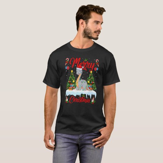 Lights Xmas Tree Santa Diplodocus Dinosaur Christm Tシャツ (正面フル)