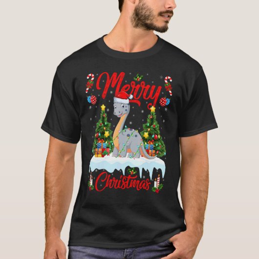 Lights Xmas Tree Santa Diplodocus Dinosaur Christm Tシャツ (正面)