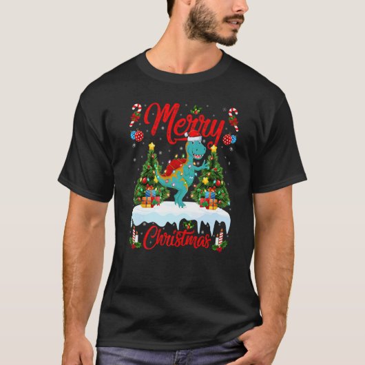 Lights Xmas Tree Santa Spinosaurus Dinosaur Christ Tシャツ (正面)