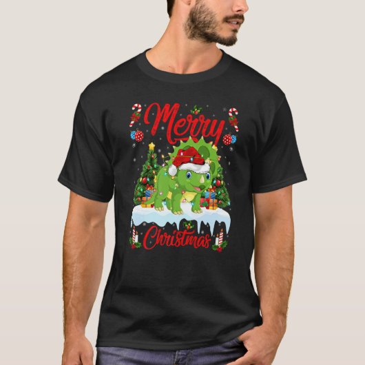 Lights Xmas Tree Santa Triceratops Dinosaur Christ Tシャツ (正面)