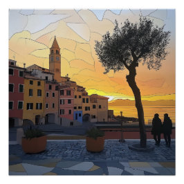 Ligurian Sunset – Stained Glass Style Poster ポスター